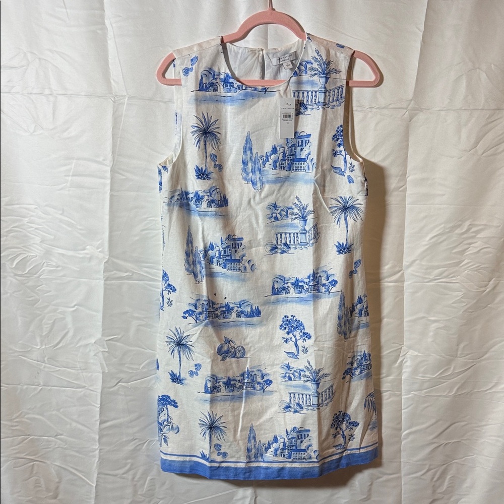 Sleeveless White Shift Dress with Blue Toile Print Ann Taylor
